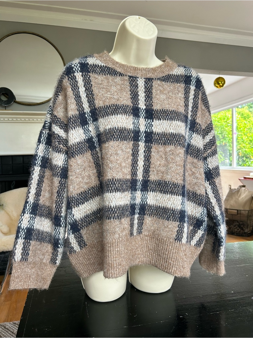 Vince Camuto Plaid Oversized Crewneck Sweater — Taupe & Navy, Size XL
